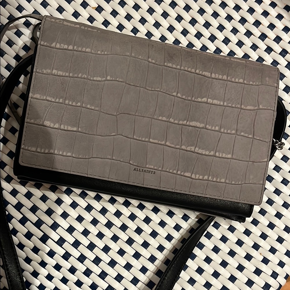 All Saints Gray and Black Crocodile Embossed Messenger Bag